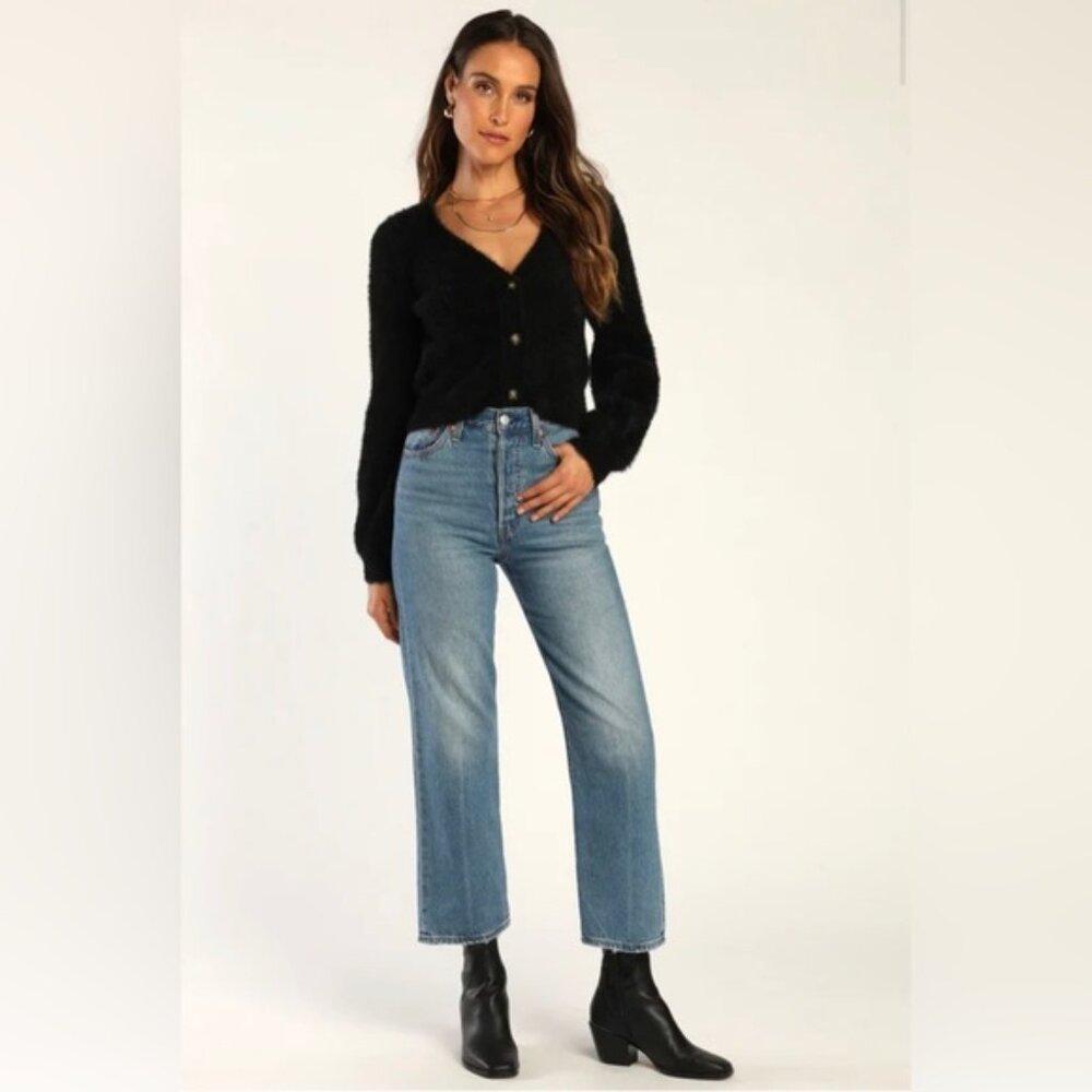 LULUS Cozy Touch Black Eyelash Knit Button-Up Cardigan Sweater - Medium